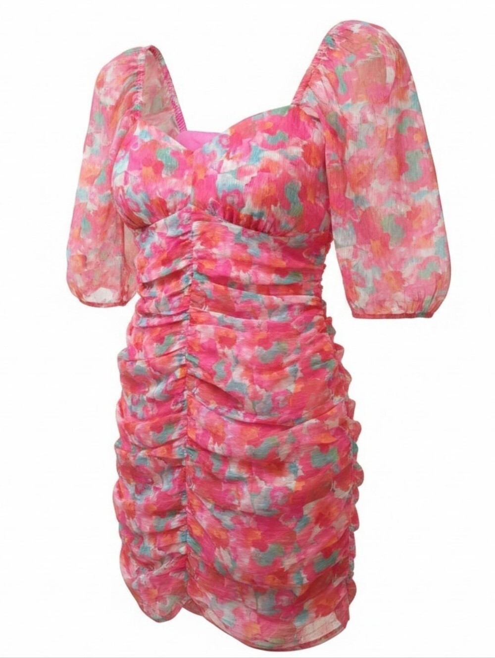 ADELYN RAE | Pink Fairycore Watercolor Floral Ruched Garden Party Mini Dress | L